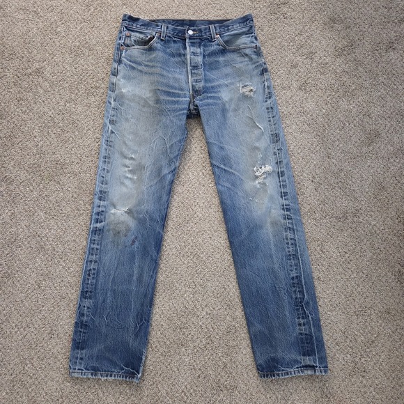 Levis 501 Jeans Mens 36x38 Blue Denim Straight Leg Button Fly Distressed Stained - Picture 2 of 16